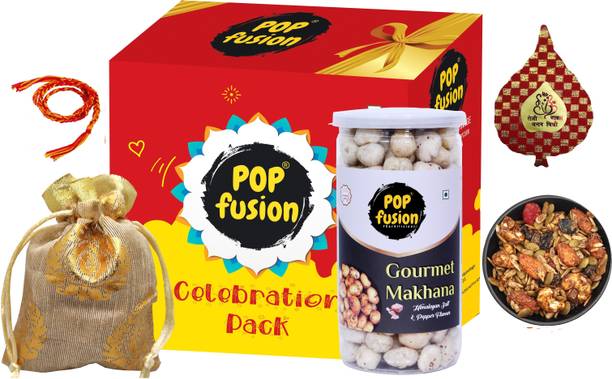 Popcorn Fusion Bhai Dooj Gift Pack Salted Makhana & Roasted Trail Mix Silk Thread, Roli, Chawal Paper Gift Box
