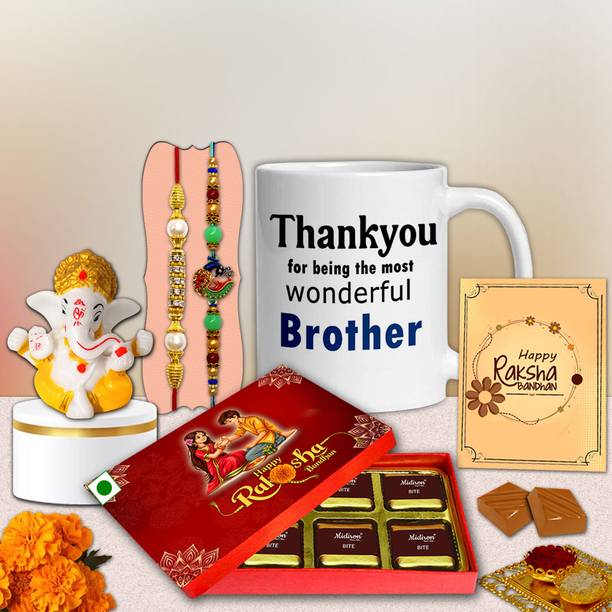Midiron Modern Rakhi Gift Pack for Brother– Chocolate Delight & Greeting Card for Bhai Assorted Gift Box