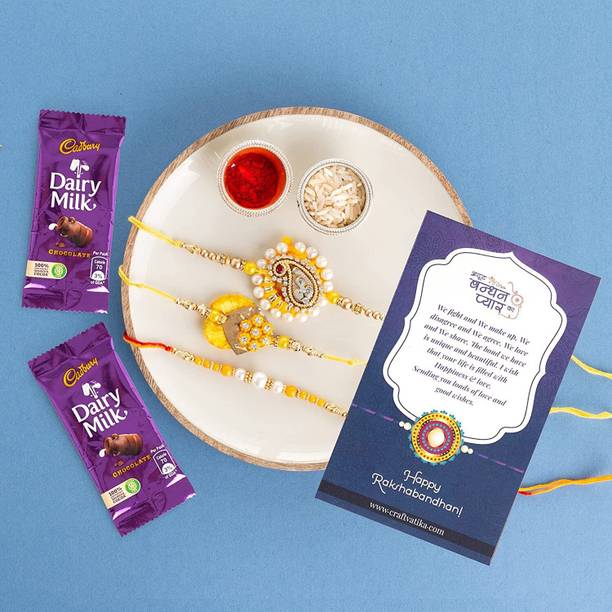 Flipkart SmartBuy Rakhi for Brother With Chocolate Combo Gift Set of 3 Rakhi with Greeting Card, Roli Tilak Set Cotton Gift Box