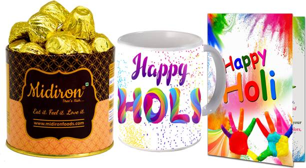 Midiron Holi Gift Hamper with Happy Holi Printed Ceramic Coffee Mug & Card Ceramic Gift Box