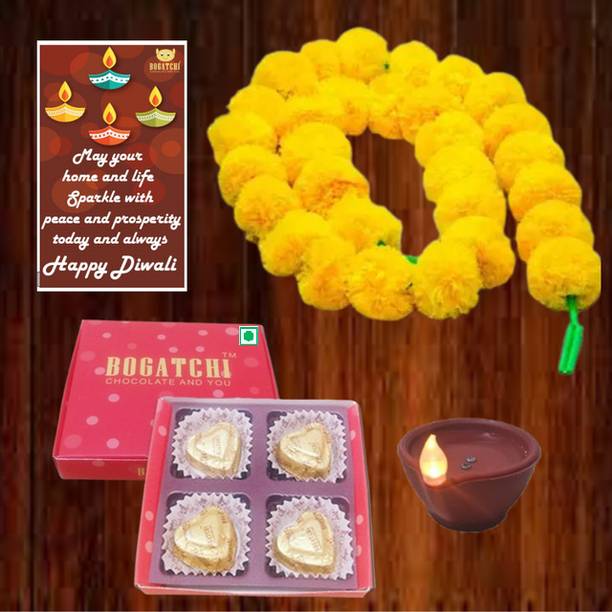 BOGATCHI Chocolate Box Marigold Flower String Water Illuminated Diya Diwali Card 40g Ceramic Gift Box