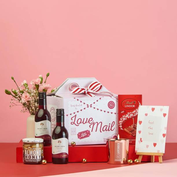 The Gift Studio Love Mail Bento Box with Unvined Shiraz, Lindt Chocolates, Candle & Gourmet Assorted Gift Box