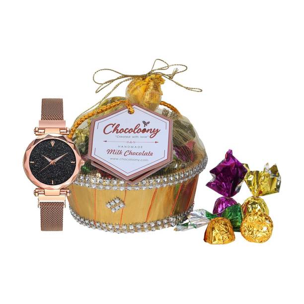 Chocoloony Chocolate Gift Pack Women Girls 20pcs Chocolate with Watch (120gm) Bamboo Gift Box