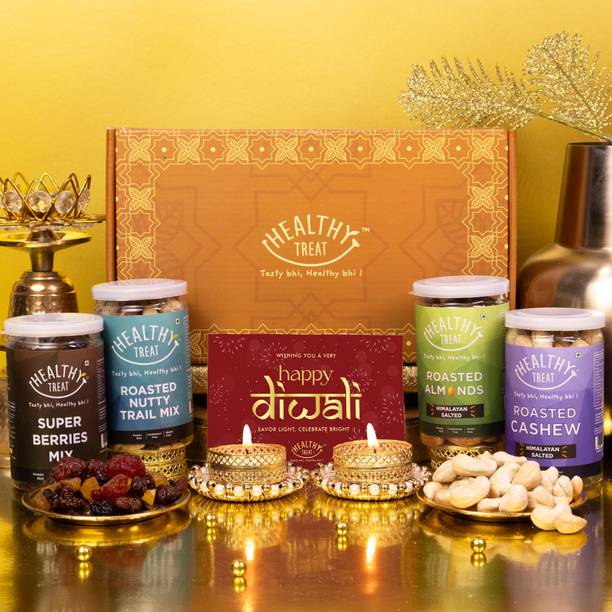 Healthy Treat Delight Diwali Gift Hamper, Roasted Dry fruit with Diya and Diwali Card Assorted Gift Box