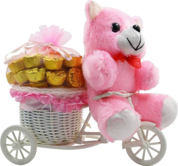 Midiron Special Gifts, Surprise Cycle Teddy with Chocolate for Wife, Girlfriend, fiancé On Valentine's Day, Birthday, Anniversary, Karwa Chauth and any special Occasion IZ19CyChocoPTPk-002 Silk, Plastic Gift Box