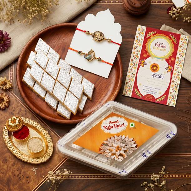 PRIDE STORE Mouthwatering Kaju-Katli Sweets Combo- Stylish Red Stone Peacock Rakhi with Card Wooden, Stoneware, Paper Gift Box