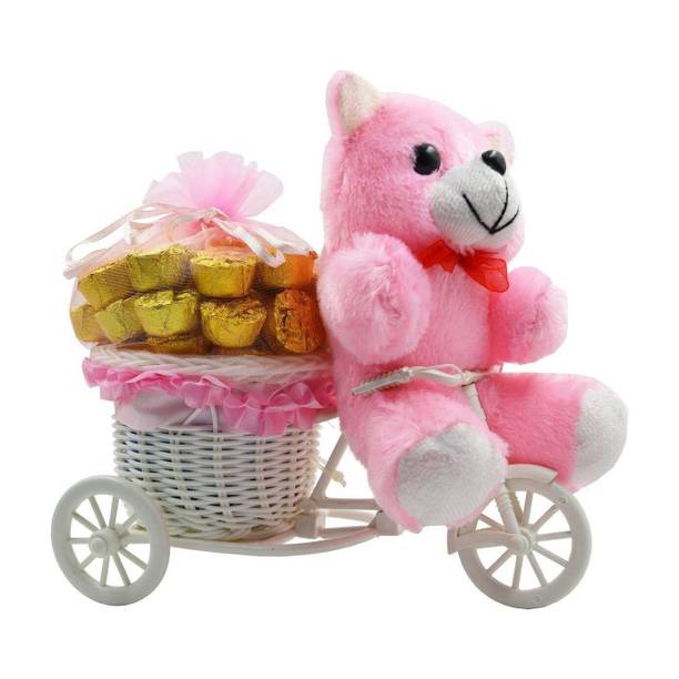Midiron Special Gifts, Surprise Cycle Teddy with Chocolate for Wife, Girlfriend, fiancé On Valentine's Day, Birthday, Anniversary, Karwa Chauth and any special Occasion IZ19CyChocoPTPk-002 Silk, Plastic Gift Box
