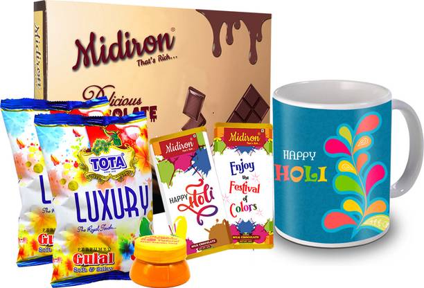 Midiron Gift For Holi Festival |Holi Herbal Gulal Powder|Holi Mug Gift Hamper Ceramic Gift Box