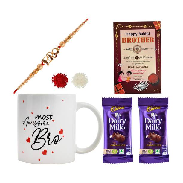 PRIDE STORE Delicious Dairy Milk 2 Chocolates, 1 Printed Mug, 1 Bro Rakhi, Card + Tilak Ceramic, Brass Gift Box