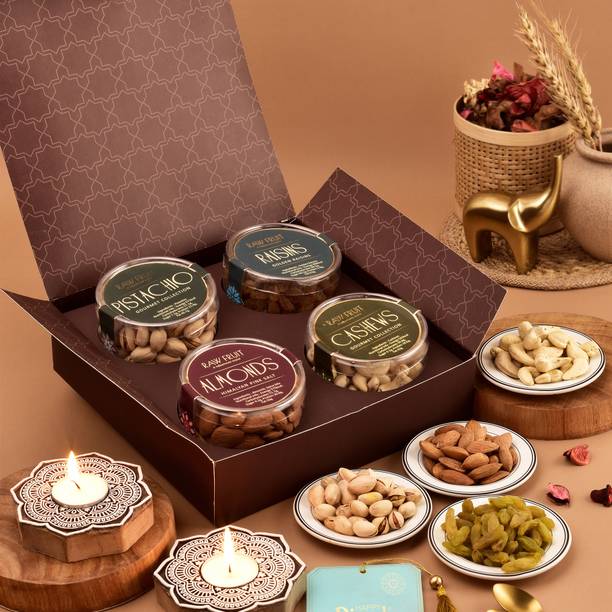 HyperFoods Diwali Gift Hamper Pack of 4 Dryfruits with Candles Paper Gift Box