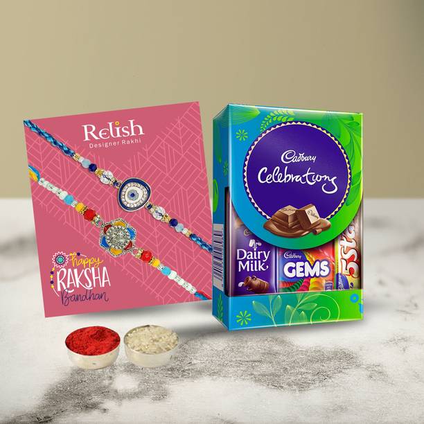 Chocoloony Rakhi Gift for Brother with Cadbury Celebration, Rakhi, Roli Chawal Combo Set Assorted Gift Box