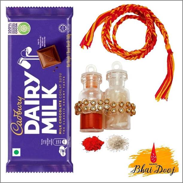 Popfusion Bhai Dooj Tikka Set for Brother- Dairy Milk Chocolates with Tikka Silk Thread Assorted Gift Box