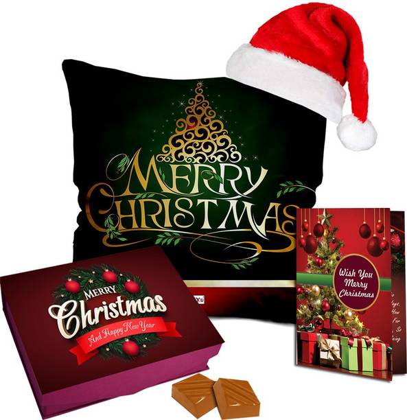 Midiron Christmas & Happy New Year Gift Combo Card, Cushion, Chocolate Box & Santa Cap Fiber Gift Box