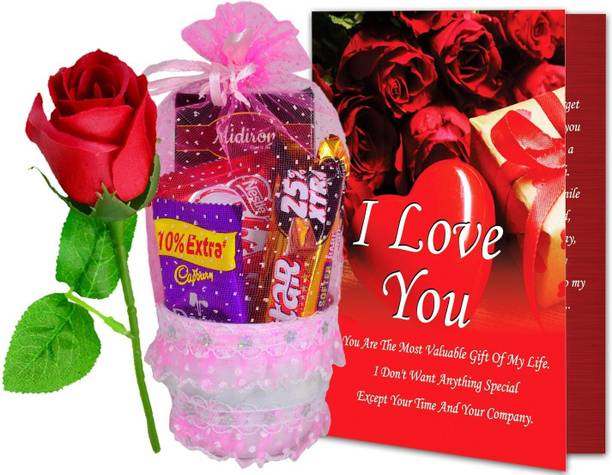 Midiron Beautiful Basket with Chocolate Bar, Love Card, Red Rose, Gift for Girlfriend, Wife, Fiancée, On Valentine Day, Anniversary, Birthday and Special Occasion Plastic Gift Box