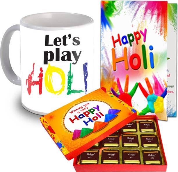 Midiron Happy Holi Mug Gift Combo|Holi Celebration Gift Hamper| Chocolate Gift Set Ceramic Gift Box