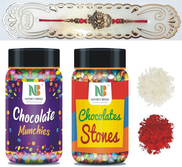 Nature's Bridge Rakhi Combo Gems Munchies & Stone Chocolate with Rakhi,Roli,Chawal - 200gmx2 Jar Silk Gift Box