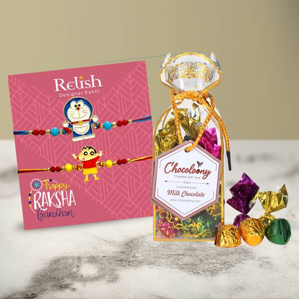 Chocoloony Chocolate Rakhi Gift Combo for Kids | 20 PVC Pack, 2 Rakhi Set, Roli Chawal Assorted Gift Box