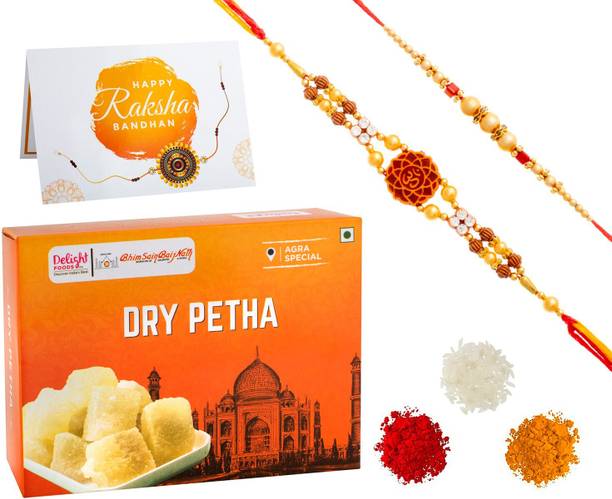 Delight Foods Agra Petha Dry - 350g || Greeting Card + 2 Rakhis + Roli Tika Chawal || Rakshabandhan Festive Gift Pack Assorted Gift Box