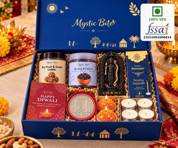 MYSTIC BITE Diwali Gift Hamper with Shri Ram Idol, Dry Fruit Seeds Laddu & Black Raisins Assorted Gift Box