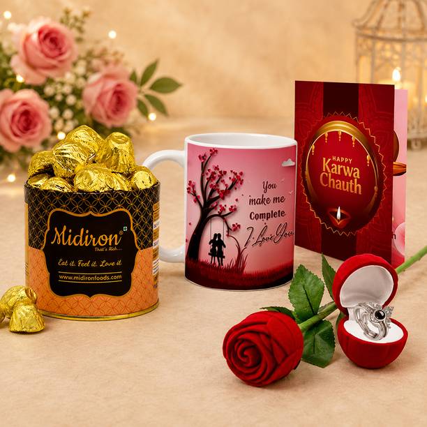 Midiron Romantic Karwachauth Gift for Wife - Best Chocolate and Rose Ring Combo Assorted Gift Box