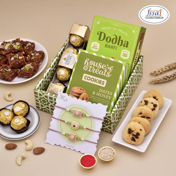 HyperFoods Rakhi Special Sweet & Chocolate Hamper with Set Of 3 Rakhi Paper Gift Box