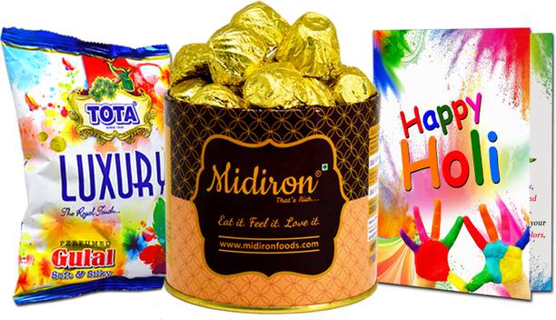 Midiron Prefect Holi Gifts for Family with Chocolate Bar,Greeting Card with Gulal Gold Gift Box