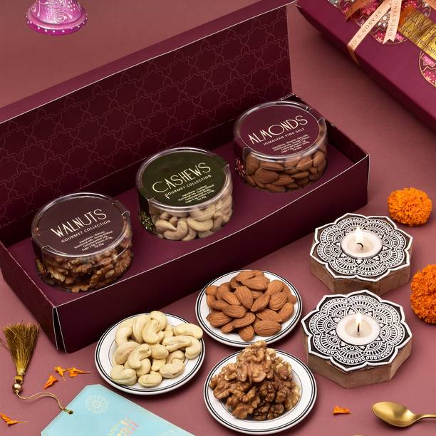 HyperFoods Diwali Gift Hamper Pack of 3 Dryfruits with Wooden Candles Paper Gift Box