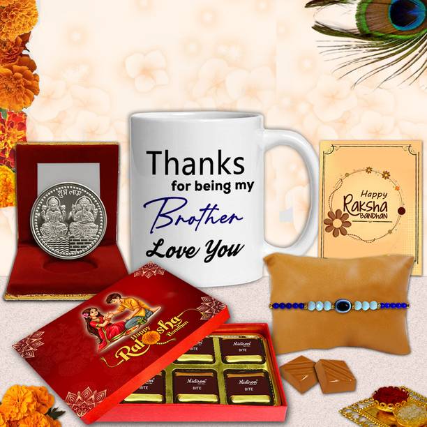 Midiron Luxury Rakhi Chocolate Combo for Brother – Fancy Mug & Evil Eye Rakhi Pack Assorted Gift Box