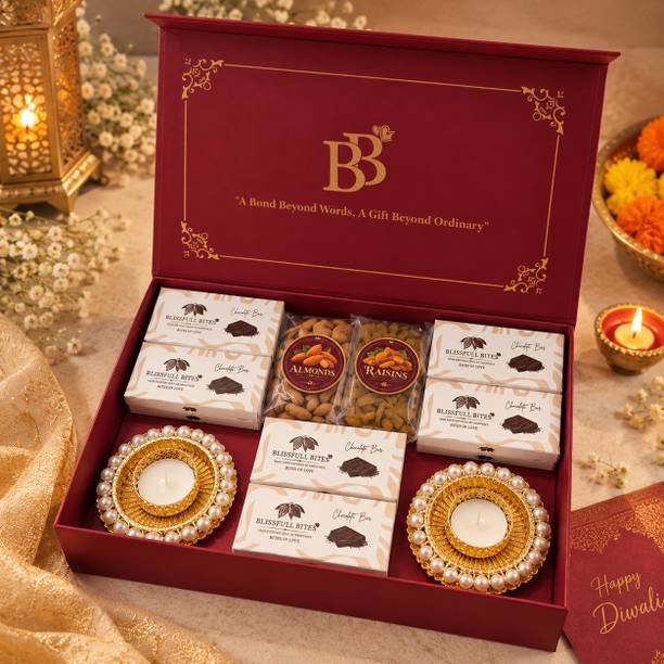 BLISSFULL BITES Diwali Gift Hamper with 12 Chocolate Bars, Almonds, Raisins & Decorative Diyas Assorted Gift Box