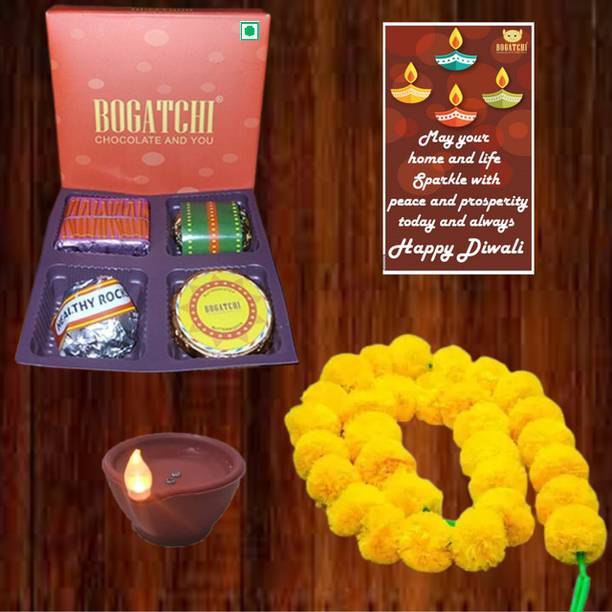 BOGATCHI Crackle Chocolate Box Marigold Flower String Water Diya Diwali Card 60g Assorted Gift Box