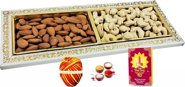 FabBites Premium Bhai Dooj Gift Hamper with Almonds, Cashews 100g Each | Tikka Set | Assorted Gift Box