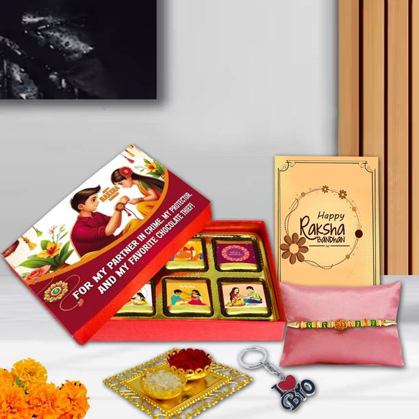 Midiron Rakhi Gift for Brother with Chocolate Pack, Keychain, Card & Ritual Set Assorted Gift Box