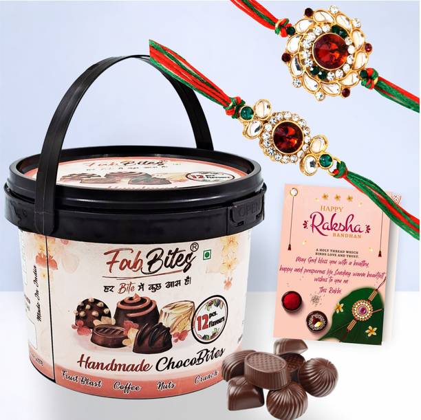 FabBites Rakhi for Brother Gift Set, 2 Kundan Rakhi, 12 Chocolates, Card & Tikka Combo Plastic Gift Box