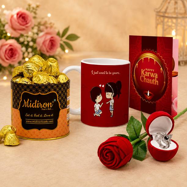 Midiron Karwa Chauth Gift for Loving Wife - Best Chocolate and Rose Ring Combo Set Assorted Gift Box