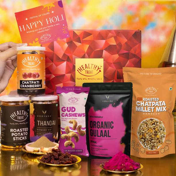 Healthy Treat Holi Glow Gift Hamper | Roasted Healthy Snacks, Thandai Mix, Herbal Gulal Assorted Gift Box