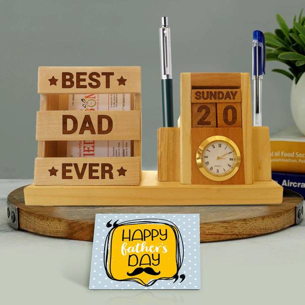 TIED RIBBONS Fathers day Gifts for Dad from Son and Daughter Gift Combo Wooden Pen Stand with Greeting Card Wooden Gift Box