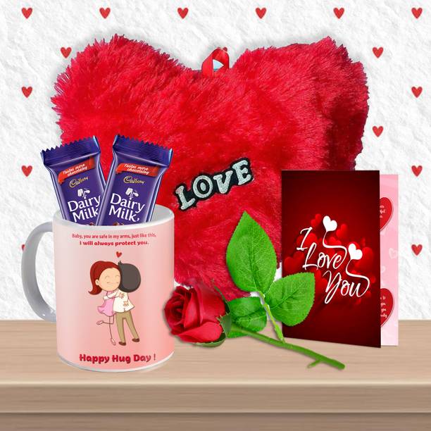 Midiron Hug Day Printed Coffee Mug With Heart Cushion/Card/Chocolate & Red Rose Ceramic Gift Box