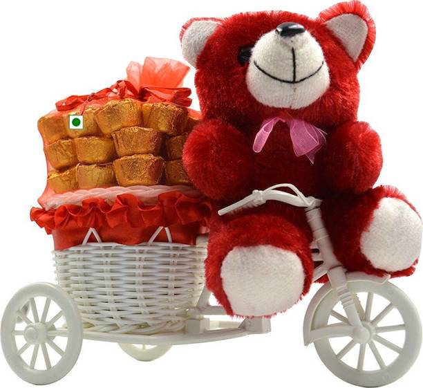 Midiron Special Gifts Packs, Surprise Cycle Teddy with Chocolate for Wife, Girlfriend, fiancé On Valentine's Day, Birthday, Anniversary, Karwa Chauth and any special Occasion IZ19CyChocoRTR-002 Silk, Plastic Gift Box