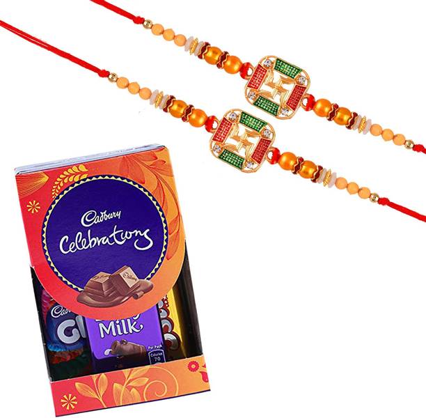 Ascension 2 Swastik Kundan Meena Rakhi for Brother & Small Chocolate Kit,Tilak Assorted Gift Box