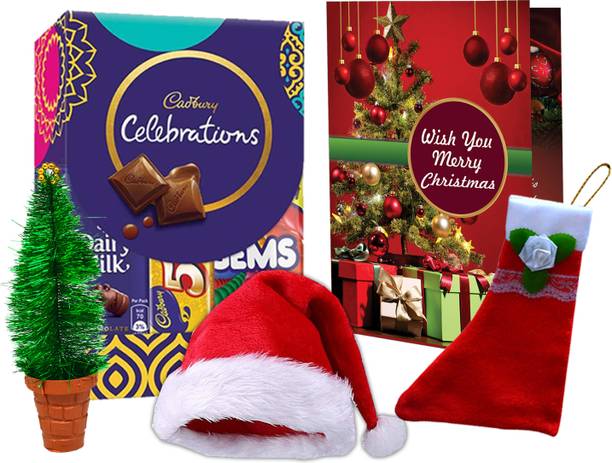Midiron Christmas Gift Combo Of Chocolate Box With Stocking & Santa Cap Paper Gift Box