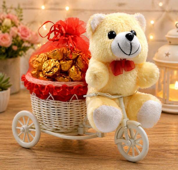 Midiron Romantic Gifts, Surprise Cycle Teddy with Chocolate for Wife, Girlfriend, fiancé On Valentine's Day, Birthday, Anniversary, Karwa Chauth and any special Occasion IZ19CyChocoBlTCr-002 Silk, Plastic Gift Box