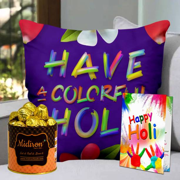 Midiron Holi Gift Set | Holi Hamper |Holi Printed Cushion Fiber Gift Box