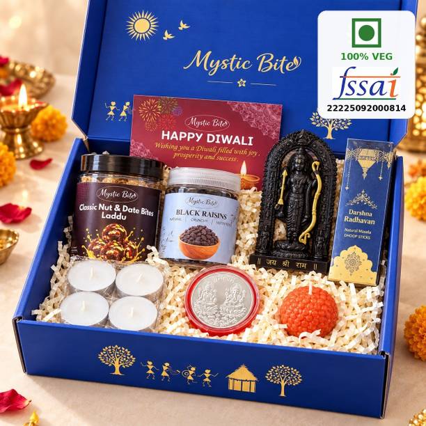 MYSTIC BITE Diwali Gift Hamper with Shri Ram Idol, Nut & Date Laddu & Black Raisins Assorted Gift Box