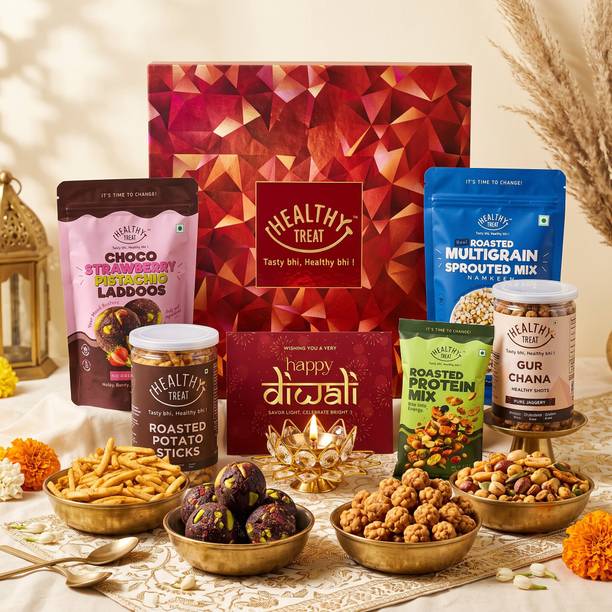 Healthy Treat Glow Diwali Gift Hamper | Roasted Snacks, Laddoo, Crystal Diya & Greeting Card Assorted Gift Box