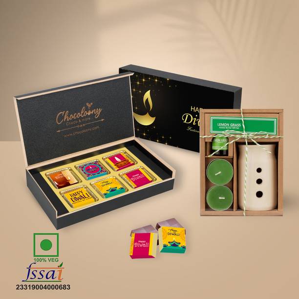 Chocoloony Diwali Chocolate Gift Box with Aroma Oil Burner Gift Set for Friends & Family Paper Gift Box