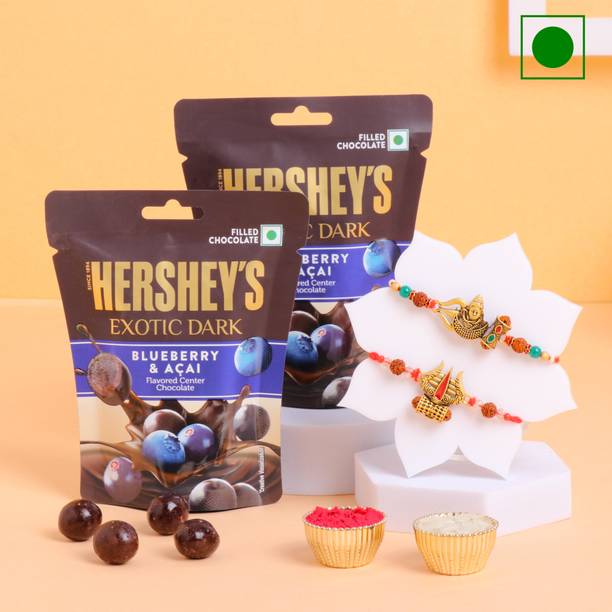 Floweraura Set of 2 Mahadev Theme Rakhi With Pack of 2 Blueberry Dark Chocolate Candy Paper Gift Box