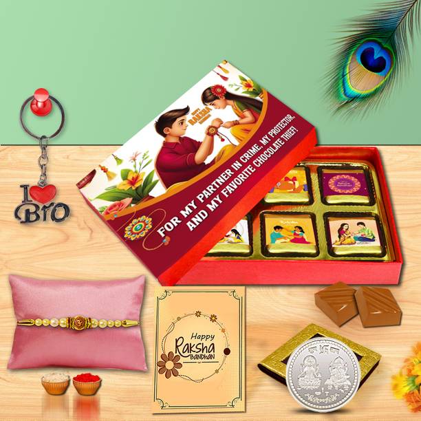 Midiron Traditional Rakhi Combo for Brother with Coin, Chocolates, Card & Keychain Assorted Gift Box