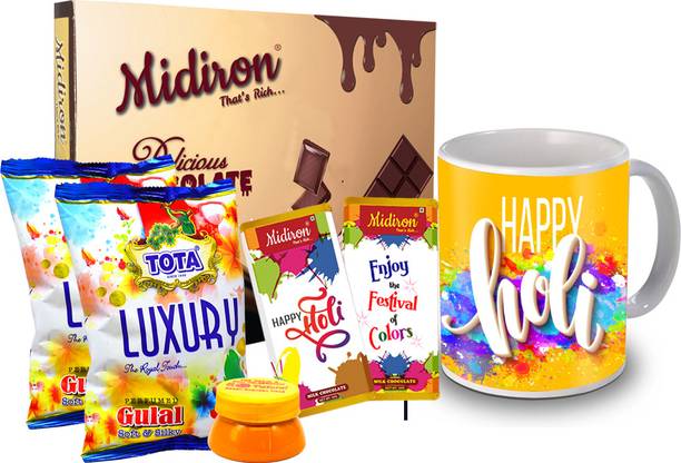 Midiron Holi Tota Luxury Gulal Gift Combo| Chocolate Gift Hamper|Holi Items Ceramic Gift Box