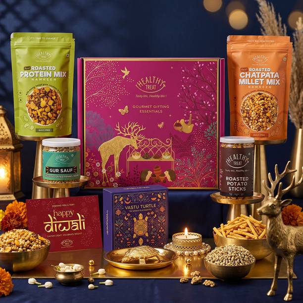 Healthy Treat Eternal Diwali Gift Hamper | Roasted Snacks, Diyas, Vastu Turtle & Diwali Card Assorted Gift Box