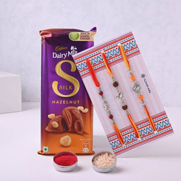 Floweraura Set Of 3 Tradational Rakhi With Roli, Chawal & Cadbury Dairy Milk Silk Chocolate Assorted Gift Box